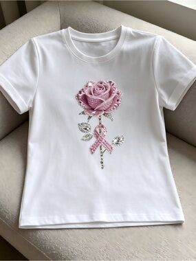 Light Luxury Style Pink Rose Print White T-Shirt for Women Men T-shirt Unisex